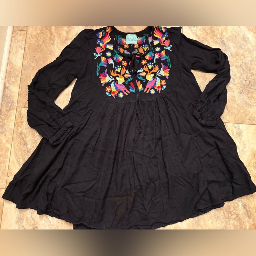 Judith March Black Floral Embroidered Tunic Peasant Dress Women’s Size Medium